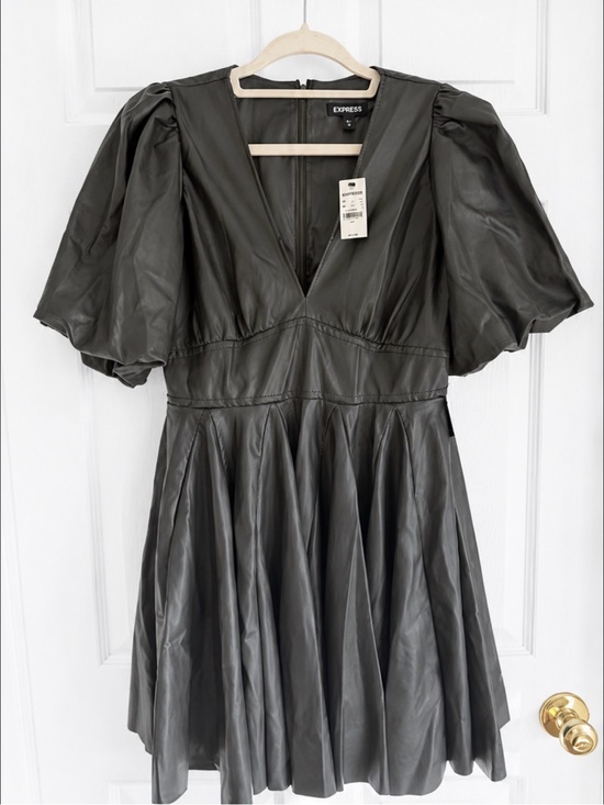 Express Dresses & Skirts - NWT Express Olive Puff Sleeve Faux Leather Mini Dress